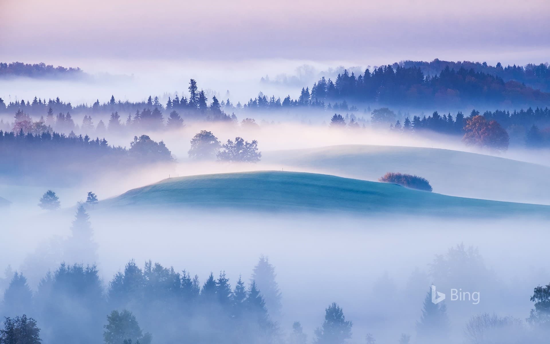 Bing Wallpaper: Aidlinger Hoehe, morning fog, Aidling, Pfaffenwinkel, Bavaria, Germany