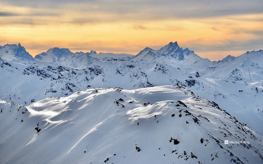 Snowy mountain at sunset, French Alps