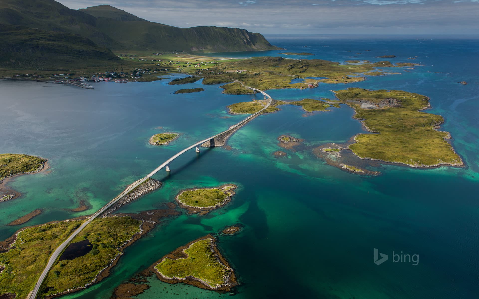 Bing Wallpaper: Bridge to the village of Fredvang on Moskenes Island in the Lofoten Islands, Norway