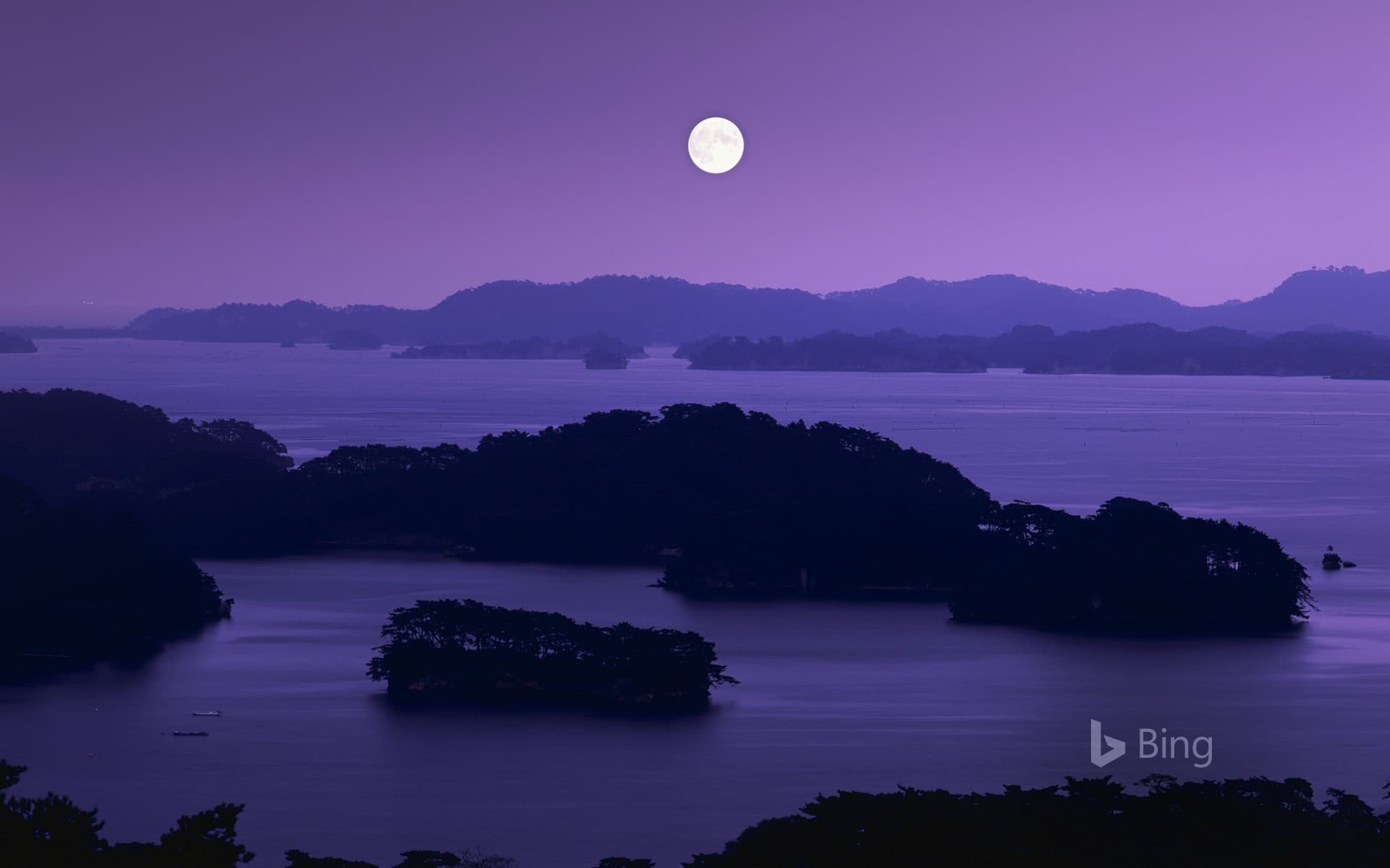 Bing Wallpaper: Matsushima Bay at night with full moon, Matsushima town, Miyagi prefecture, Japan
