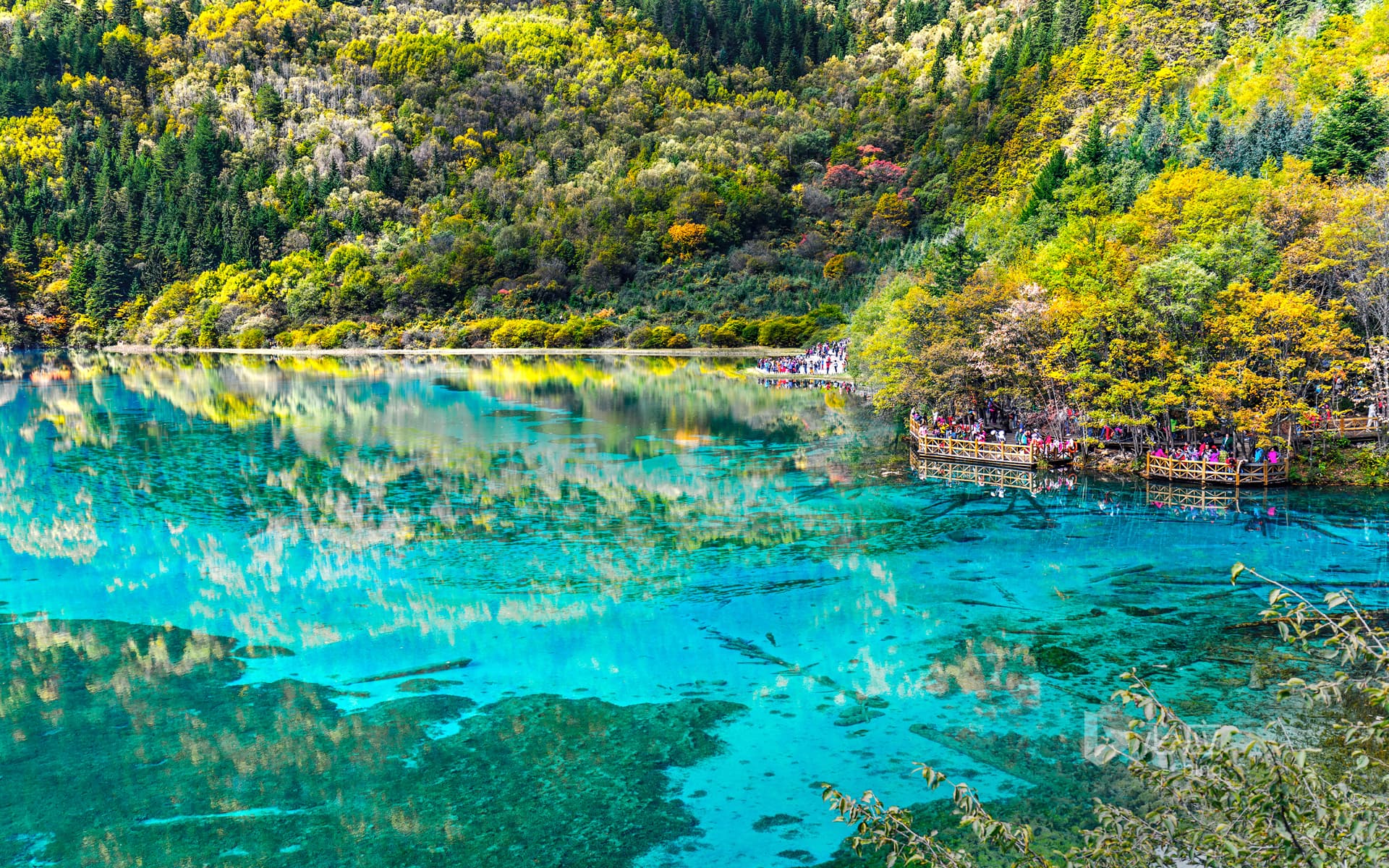 Bing Wallpaper: Tourists in Jiuzhaigou, Sichuan
