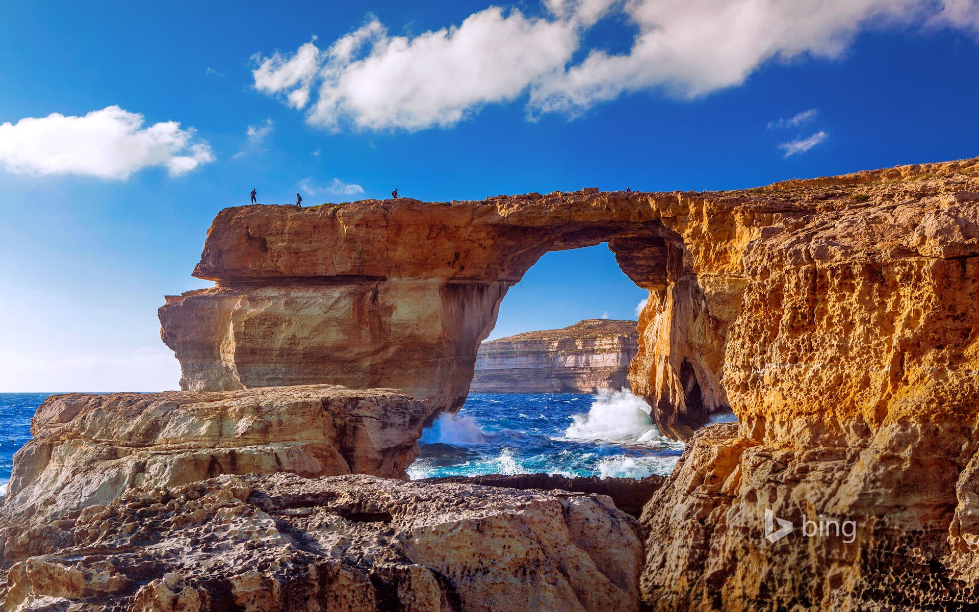 Bing Wallpaper: The Azure Window, a natural stone arch near Dwejra Beach, Gozo, Malta