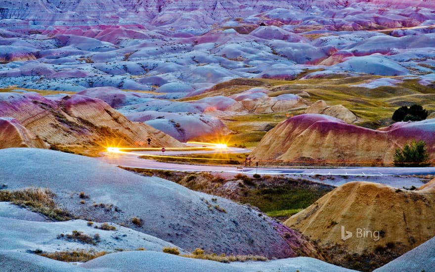 Headlights streaking through Badlands National Park, South Dakota