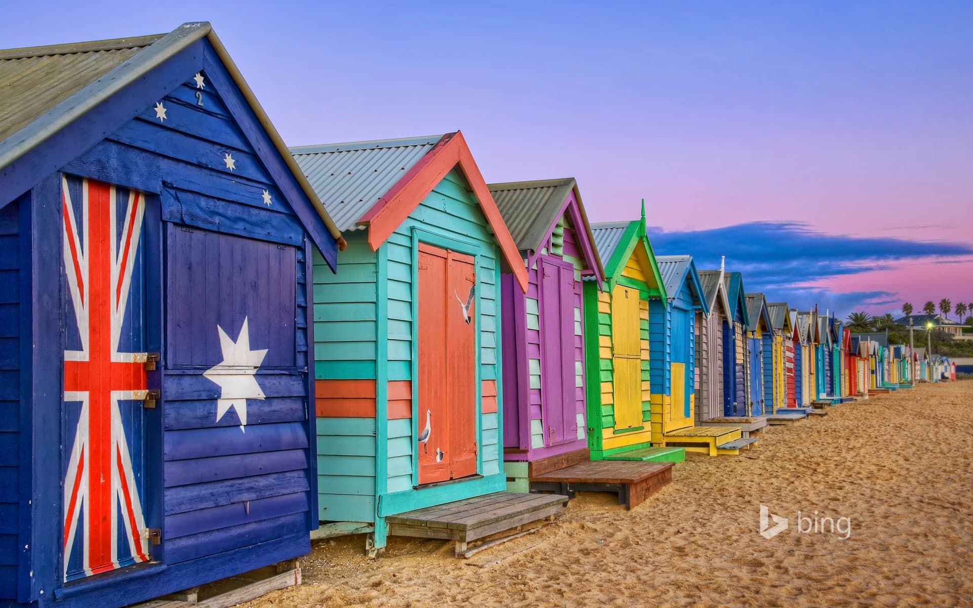 Bing Wallpaper: Bathing boxes line the beach at Brighton, Victoria, Australia