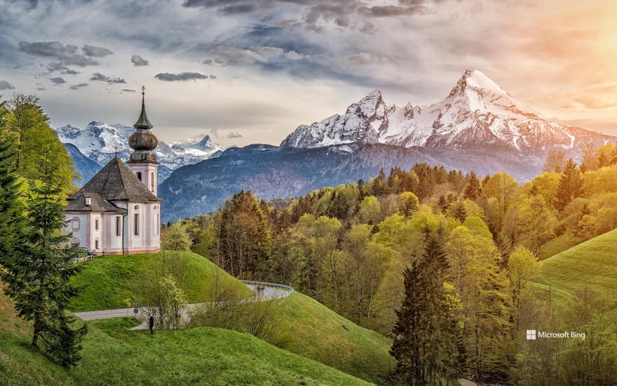 Maria Gern pilgrimage church and Watzmann massif, Berchtesgaden Alps, Bavaria