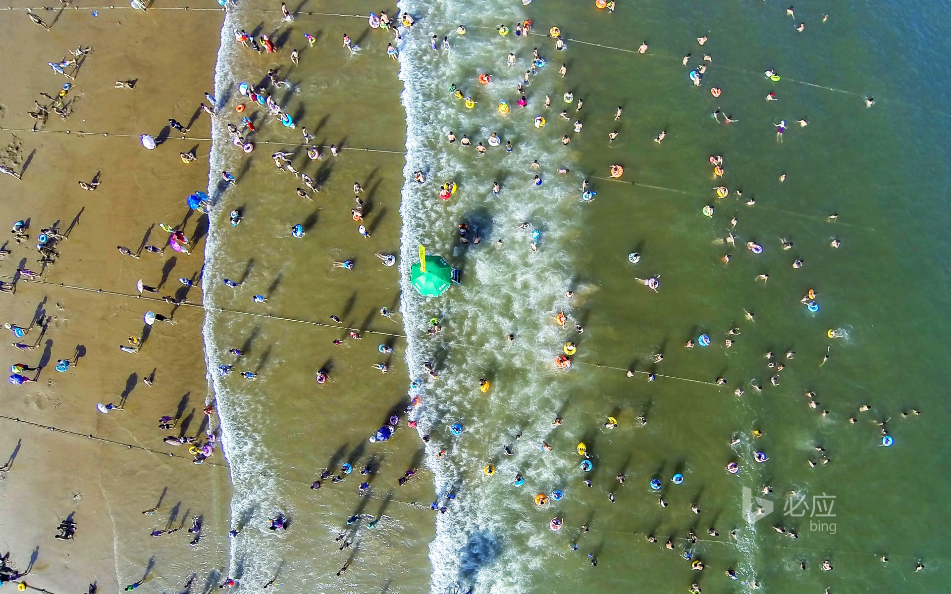Bing Wallpaper: Tourists on the beach of Zhoushan