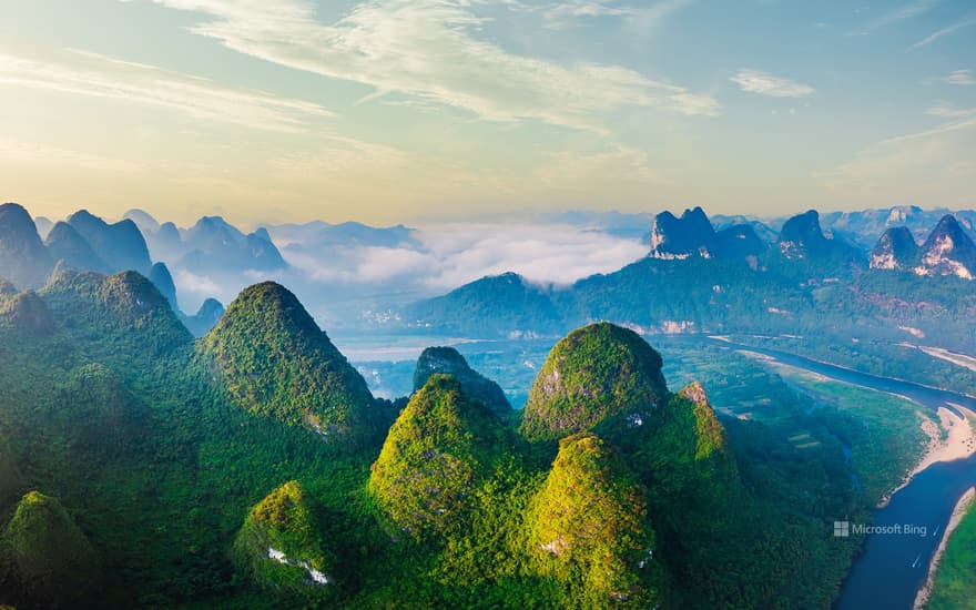 Aerial view of beautiful karst mountains at sunrise, Guilin, China