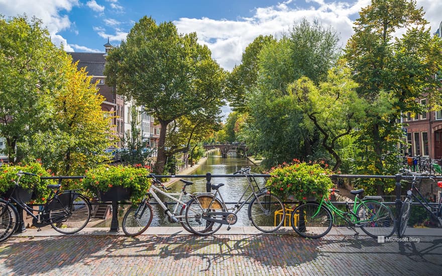 Bicycles on a bridge in Utrecht, Netherlands