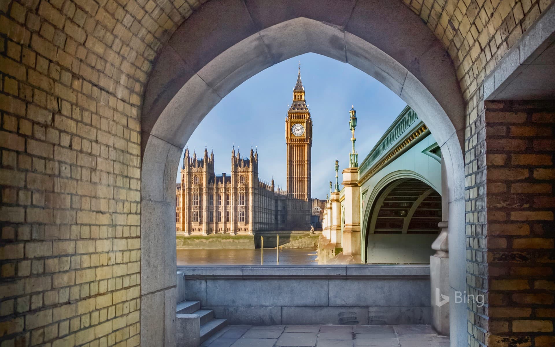 Bing Wallpaper: View of Big Ben and the Palace of Westminster through a pedestrian tunnel, London, England