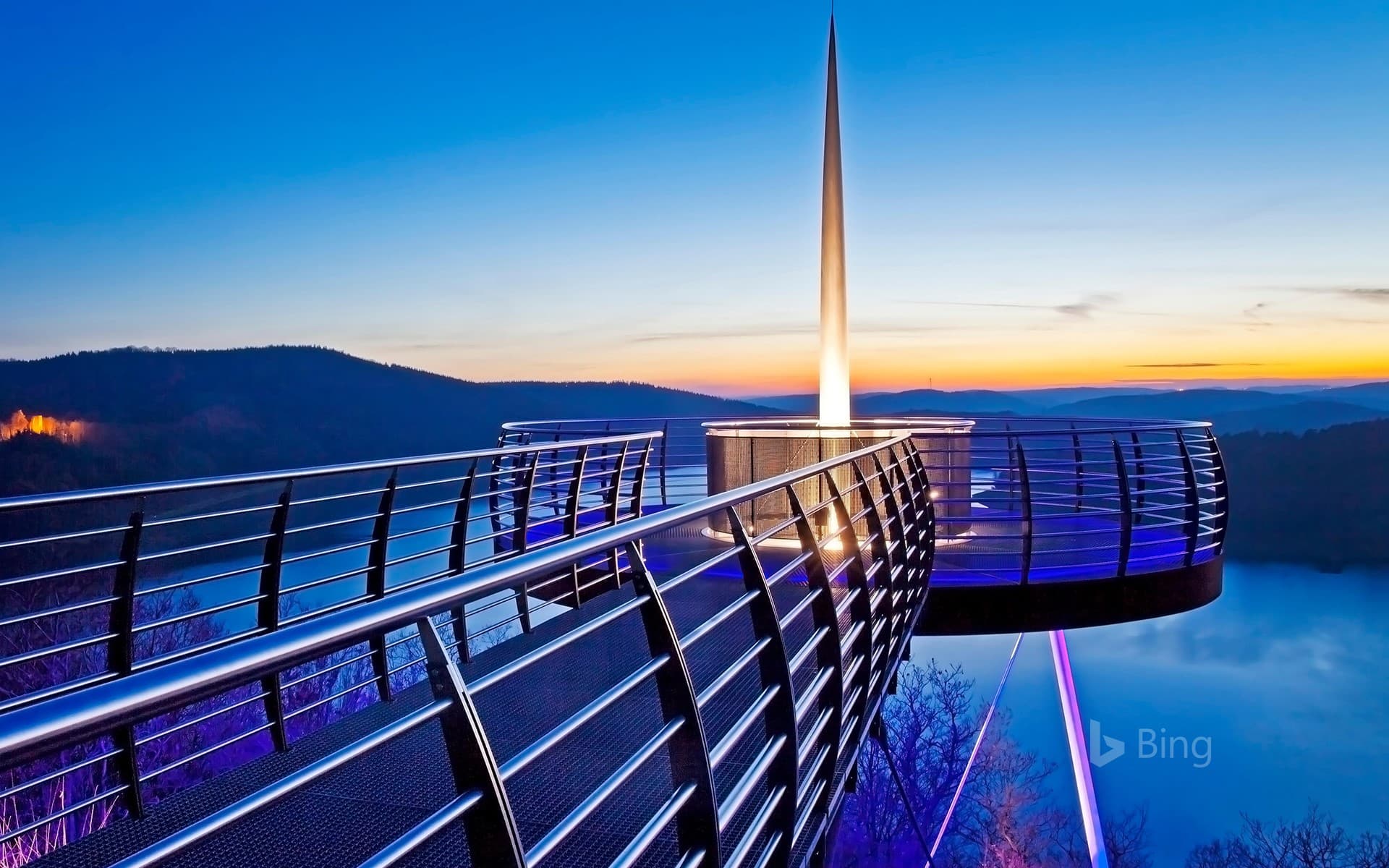 Bing Wallpaper: Skywalk Biggeblick at sunset, Attendorn, Sauerland, North-Rhine-Westphalia, Germany