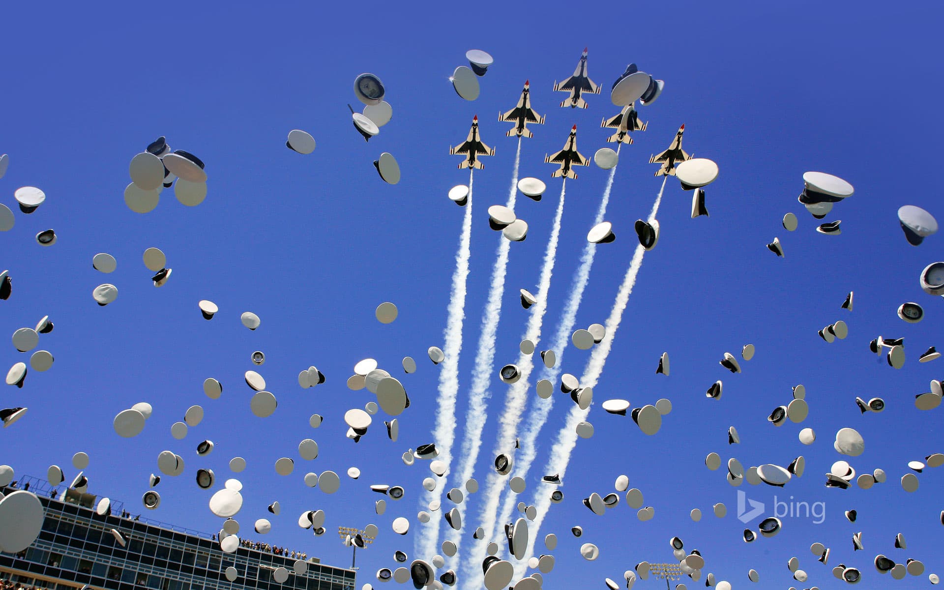 Bing Wallpaper: Graduation celebration, United States Air Force Academy, with U.S. Air Force Thunderbirds, Colorado Springs, Colorado