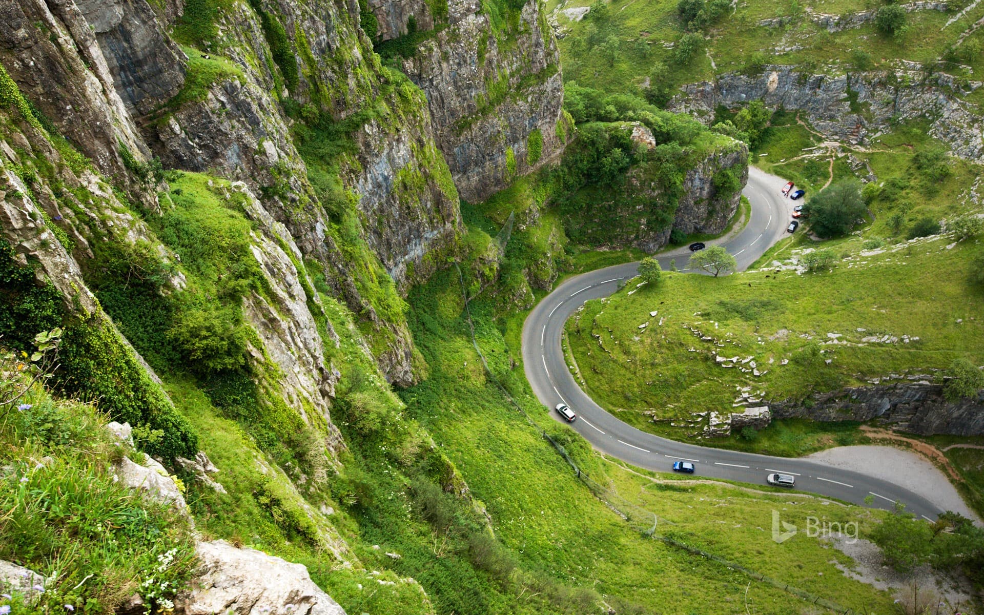 Bing Wallpaper: A road winding through Cheddar Gorge, Somerset