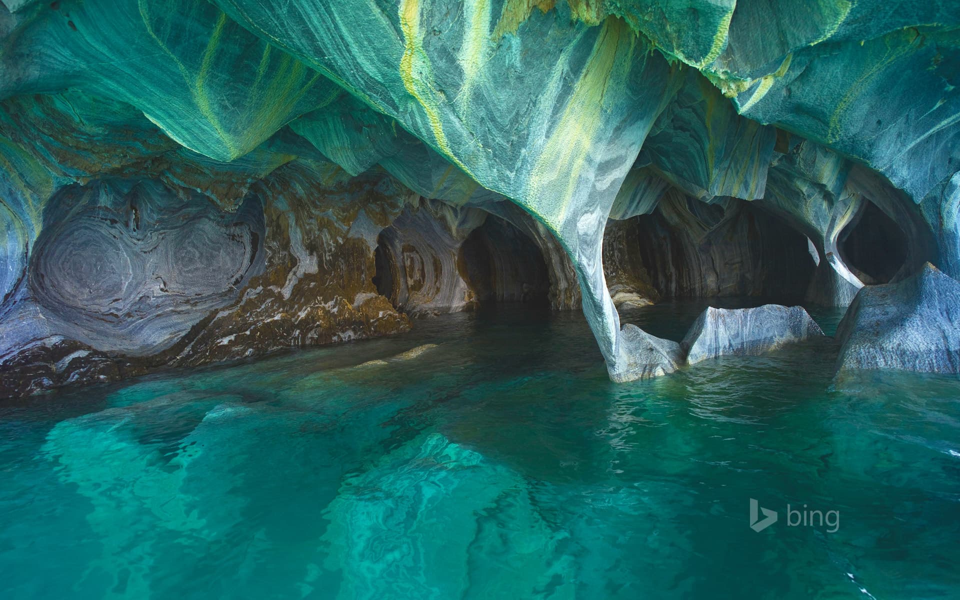 Bing Wallpaper: Marble caves on General Carrera Lake, Chile