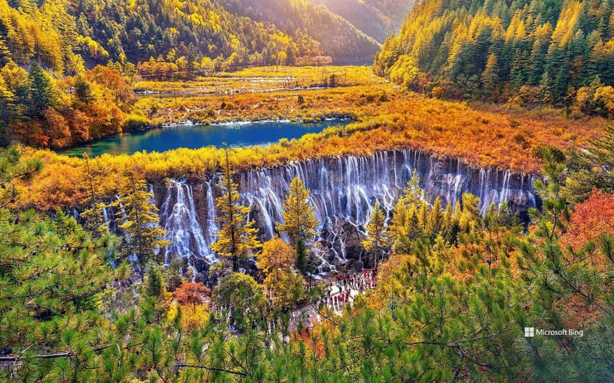 Nuorilang Waterfall in Jiuzhaigou National Park in autumn, Sichuan Province, China
