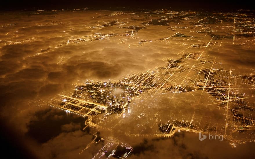 Aerial view at night, Chicago, Illinois