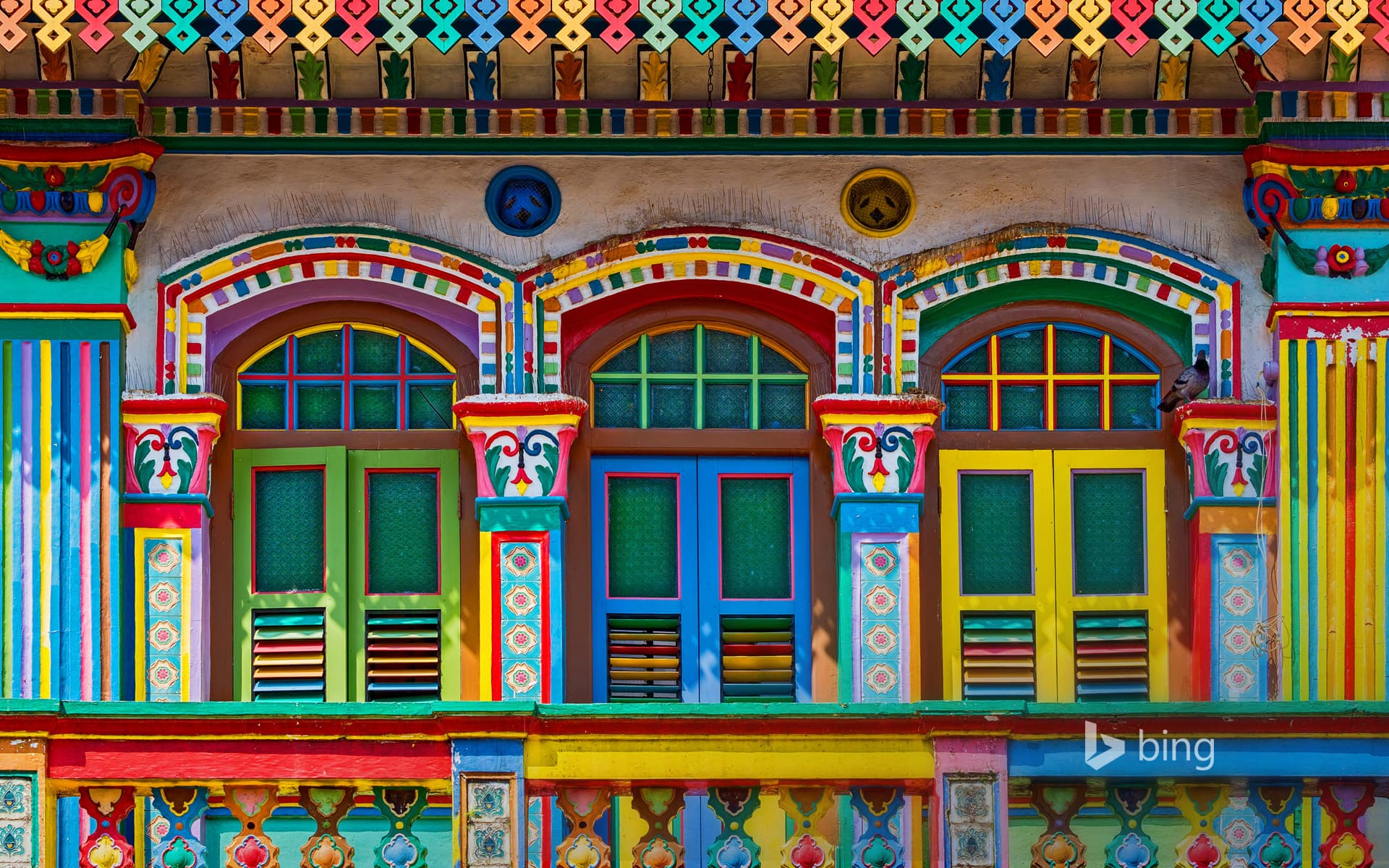 Bing Wallpaper: Colourful façade of a building in Little India, Singapore