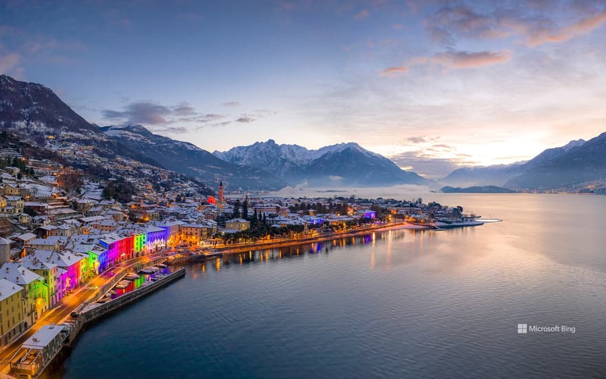 Christmas lights on buildings of Domaso, Lake Como, Italy