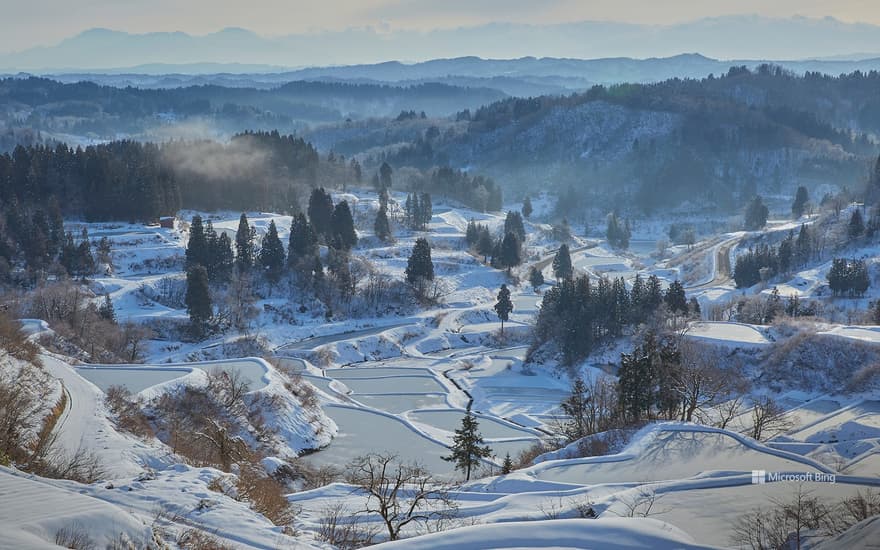 Bing Wallpaper: Snow-covered rice terraces at Hoshitoge Pass, Tokamachi City, Niigata Prefecture