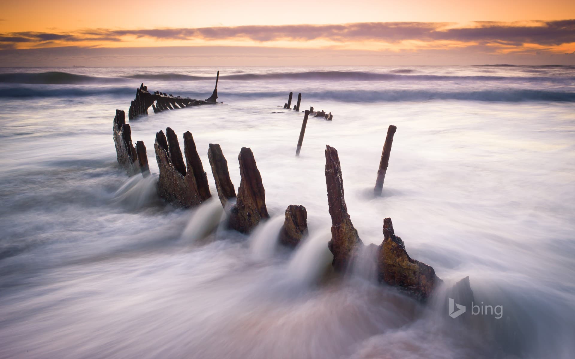 Bing Wallpaper: Wreck of SS Dicky at Dicky Beach in Caloundra, Queensland, Australia