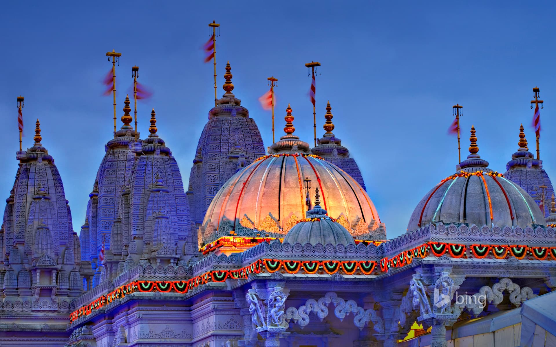 Bing Wallpaper: BAPS Shri Swaminarayan Mandir (Neasden Temple) decorated for Diwali, London, England
