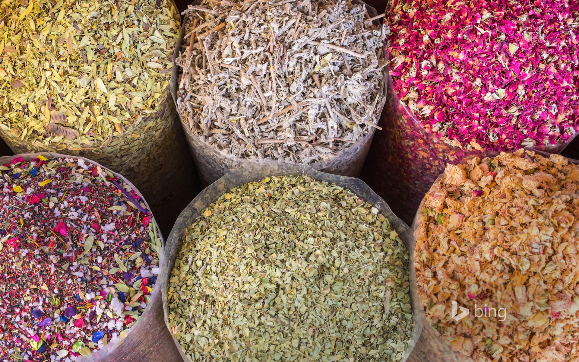 Bing Wallpaper: Dried flowers and herbs at the Dubai Spice Souk in Dubai, United Arab Emirates