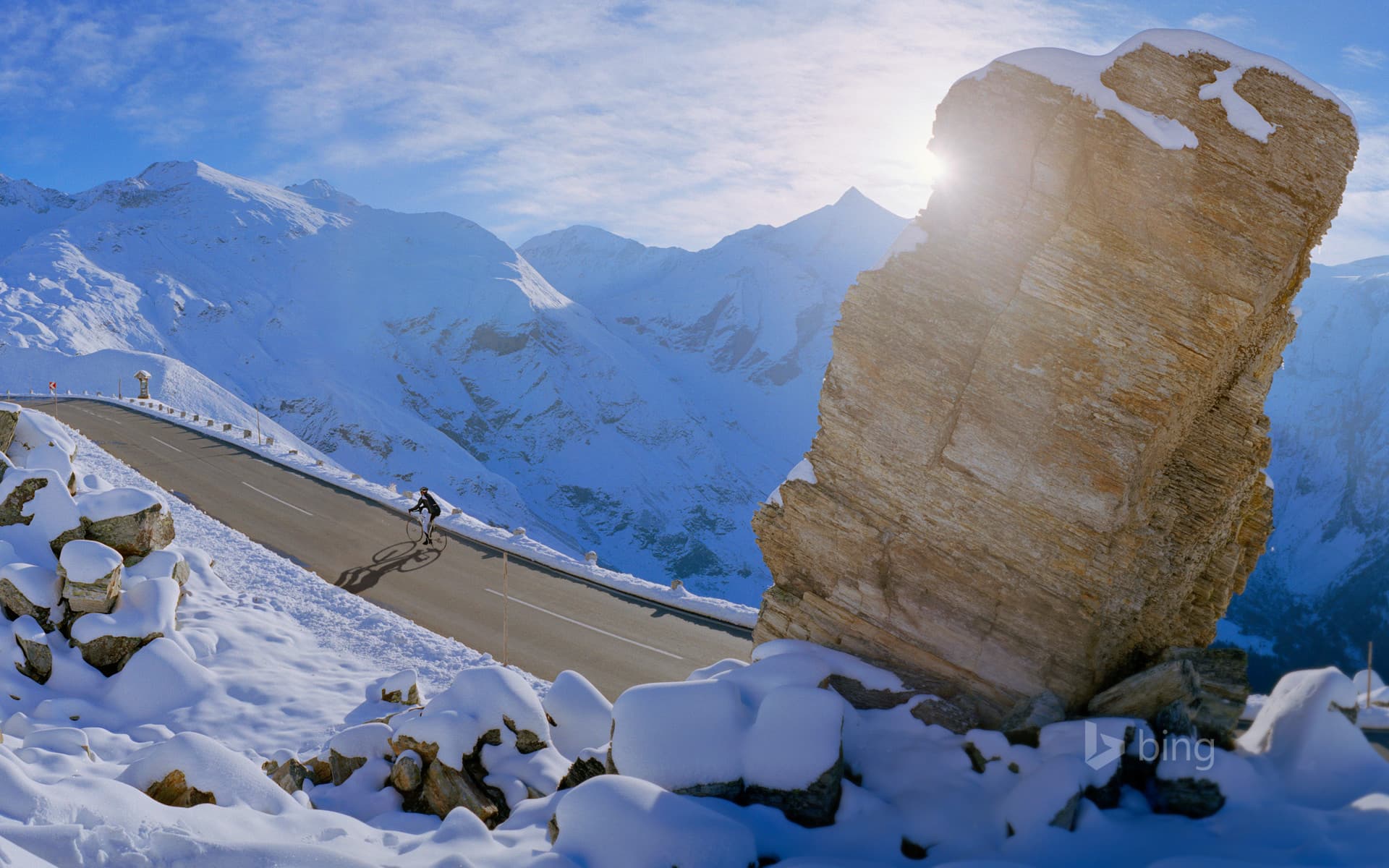 Bing Wallpaper: Cyclist on Grossglockner High Alpine Road, Carinthia, Austria