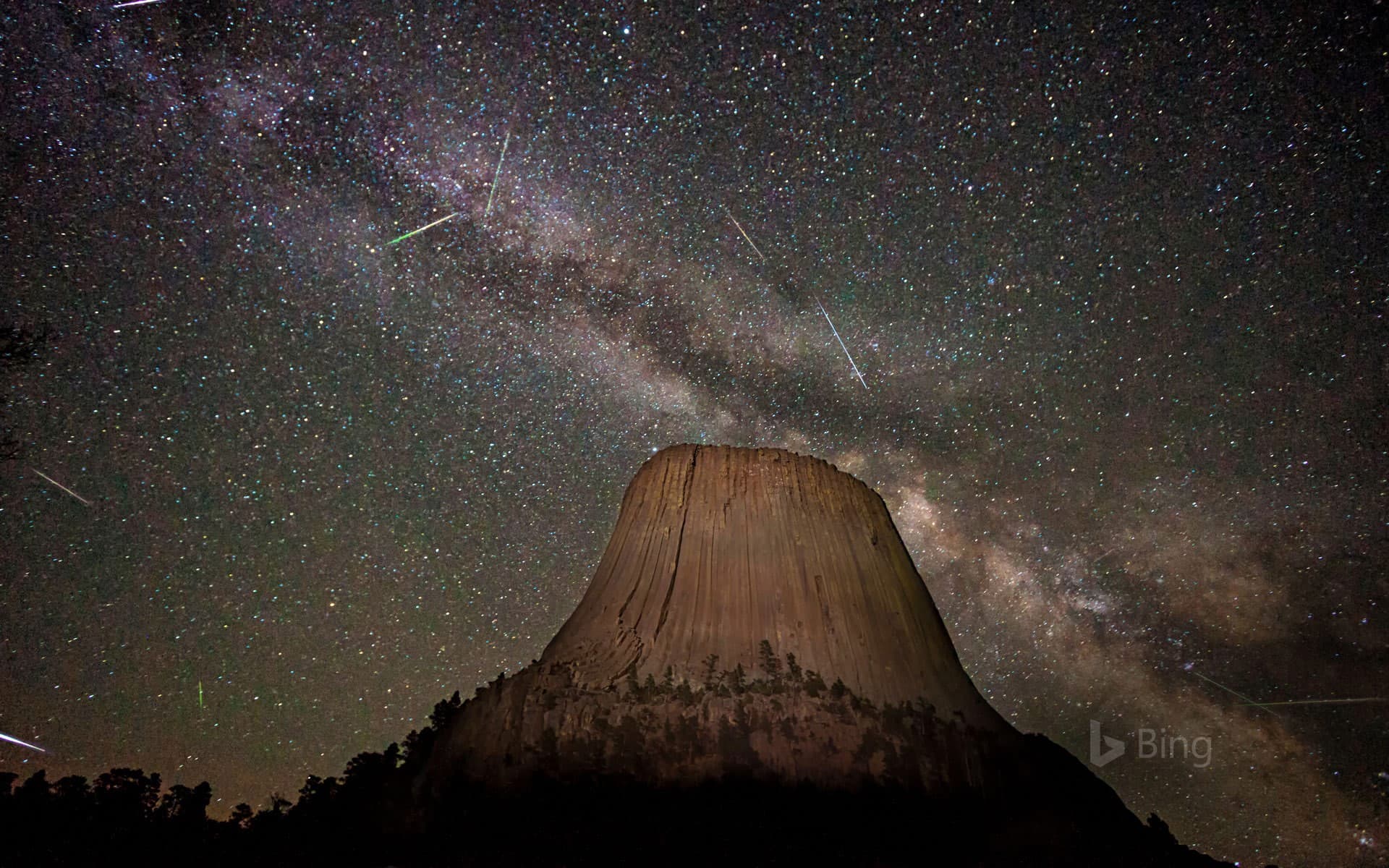 Bing Wallpaper: The Eta Aquarids meteor shower over Devils Tower in Wyoming
