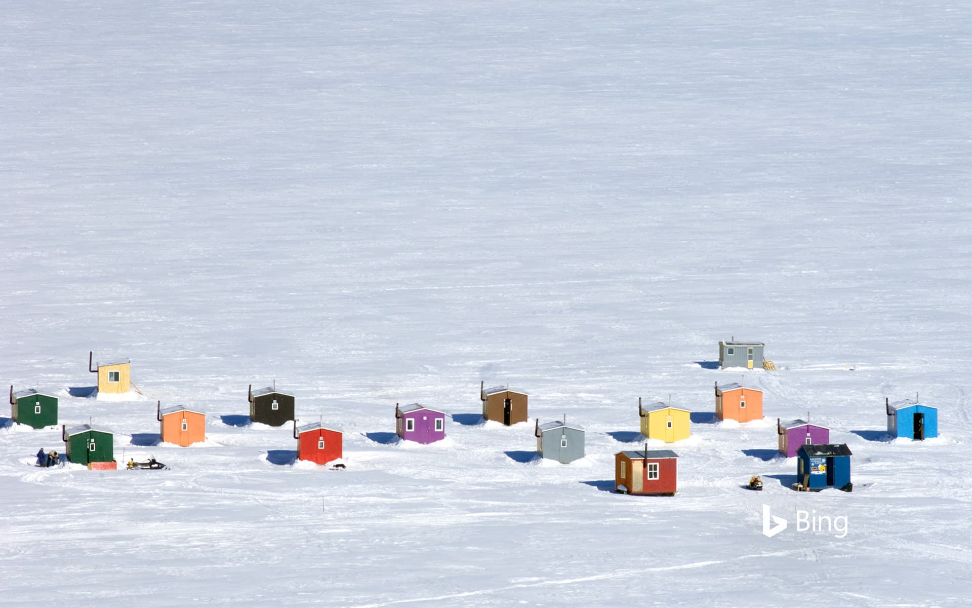 Bing Wallpaper: Ice fishing huts in L'Anse-St-Jean, Quebec, Canada