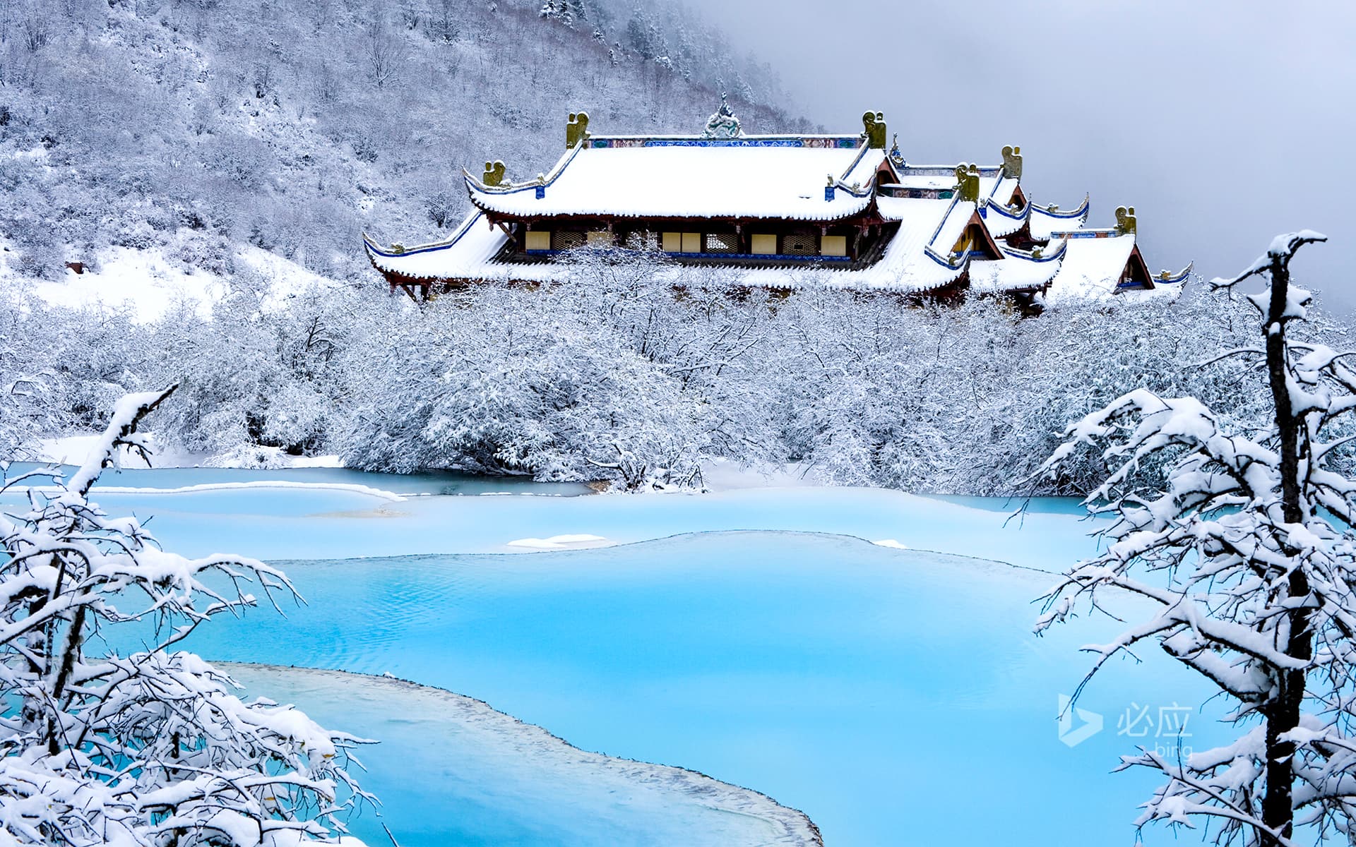 Bing Wallpaper: [大大 寒] China, Sichuan Province, Huanglong, Huanglonghou Temple, Wucaichi