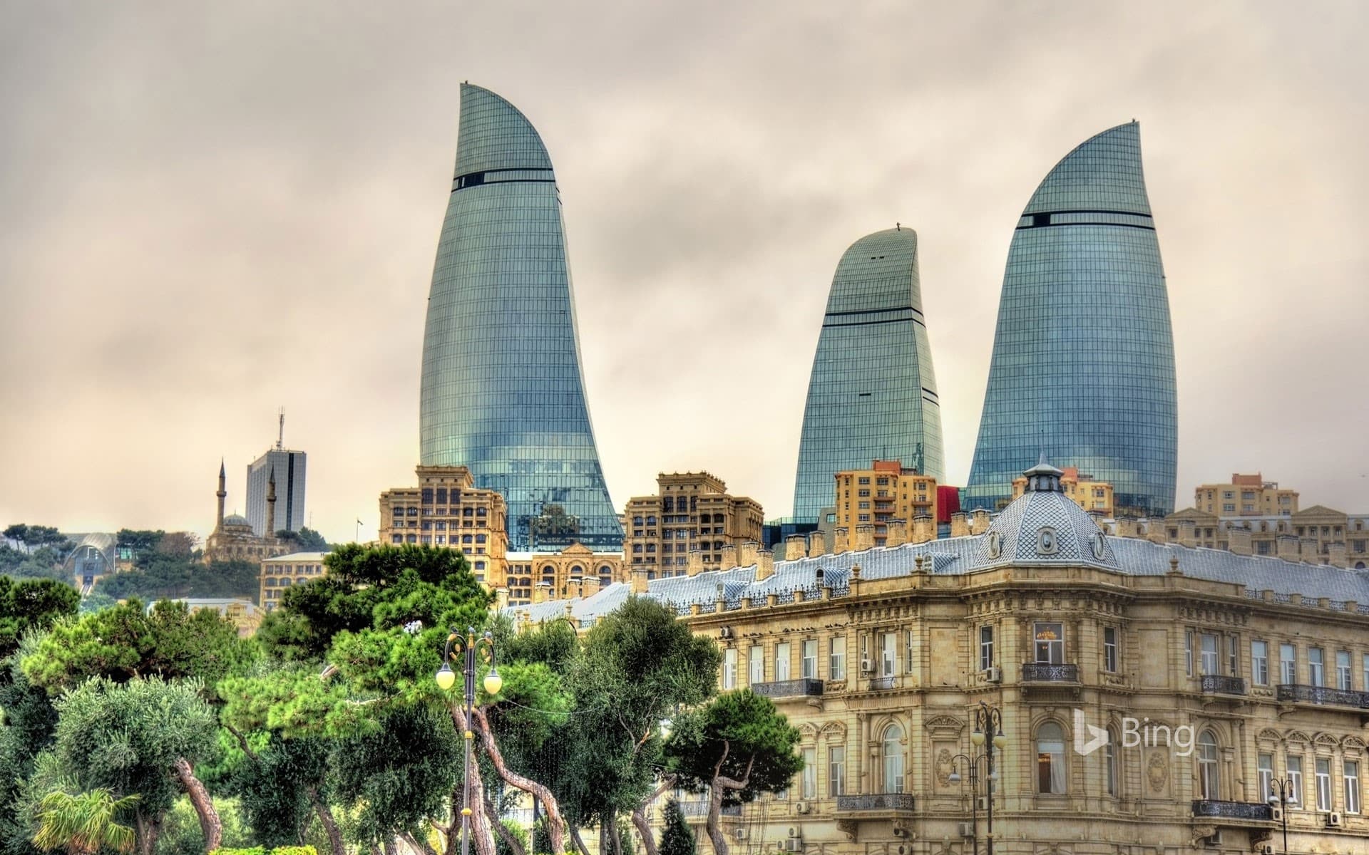 Bing Wallpaper: Flame Towers and skyline of Baku, Azerbaijan