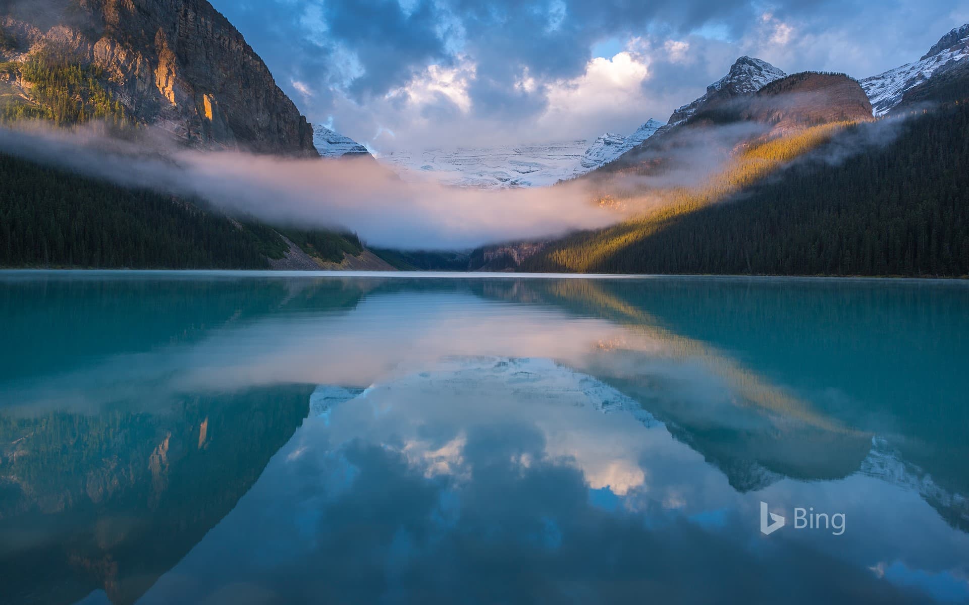 Bing Wallpaper: A foggy morning at Lake Louise, Alberta, Canada