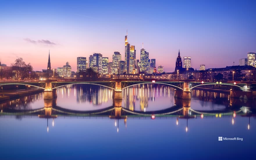 Frankfurt skyline in purple light and Old Bridge, Frankfurt am Main, Hesse