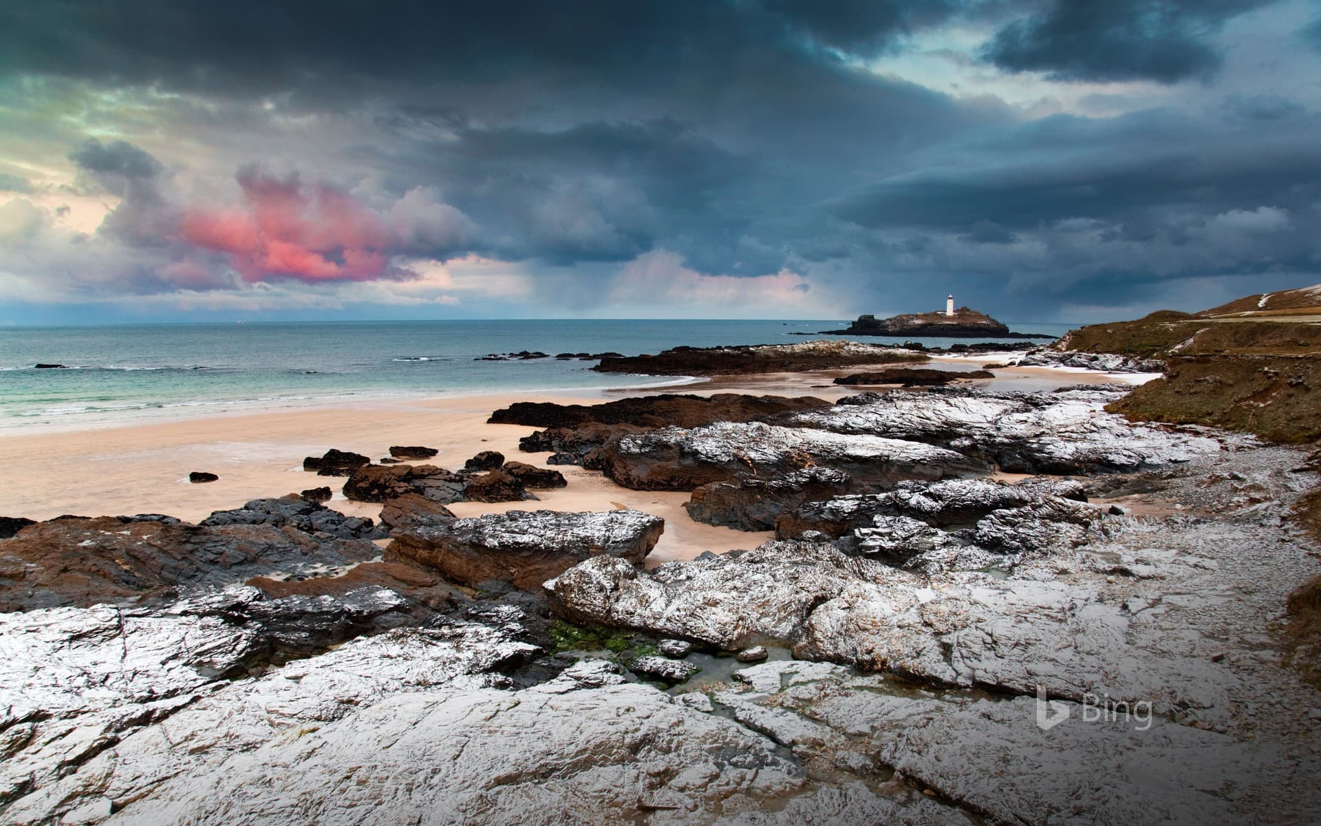 Bing Wallpaper: Looking out to Godrevy Lighthouse in St Ives Bay, Cornwall, England