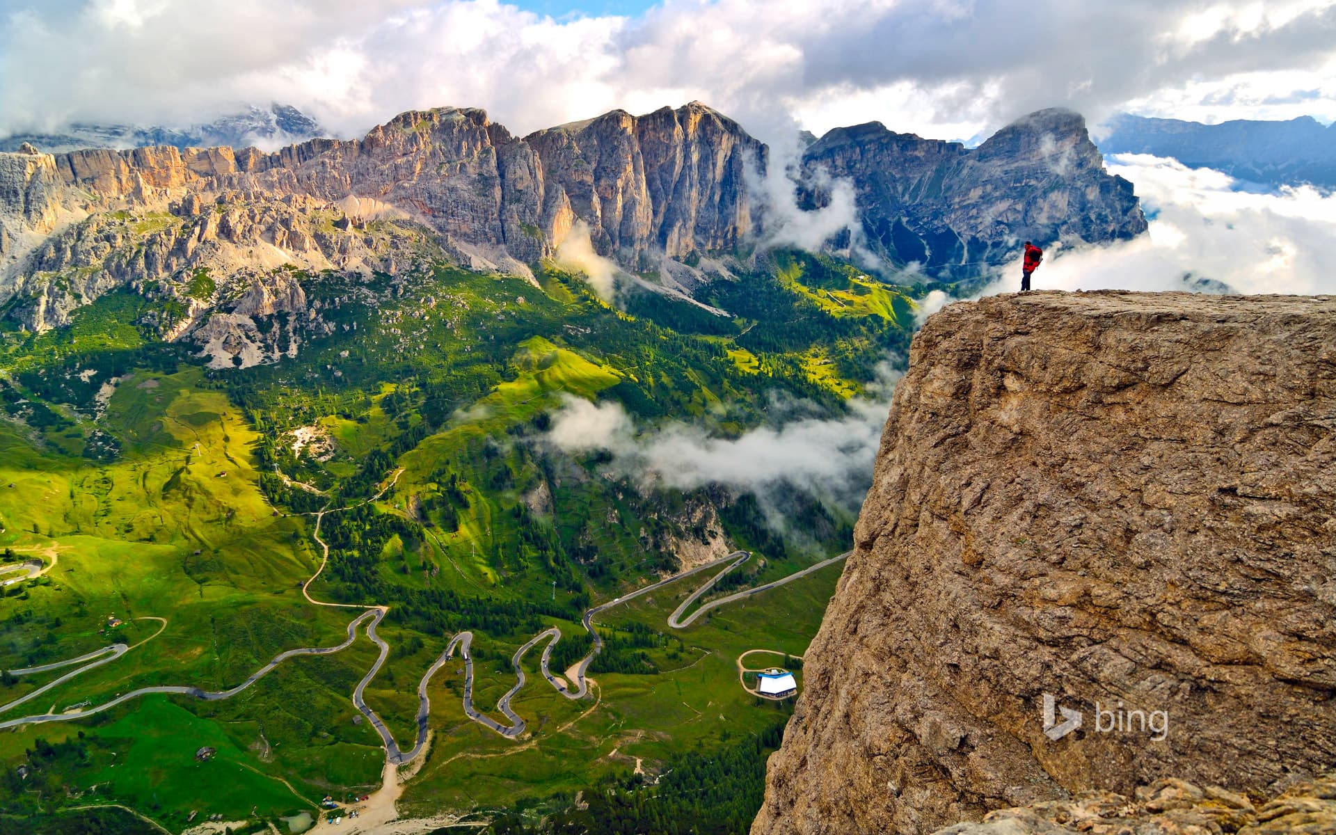 Bing Wallpaper: Trekker on the Sella Group mountain chain, Dolomites, South Tyrol, Italy