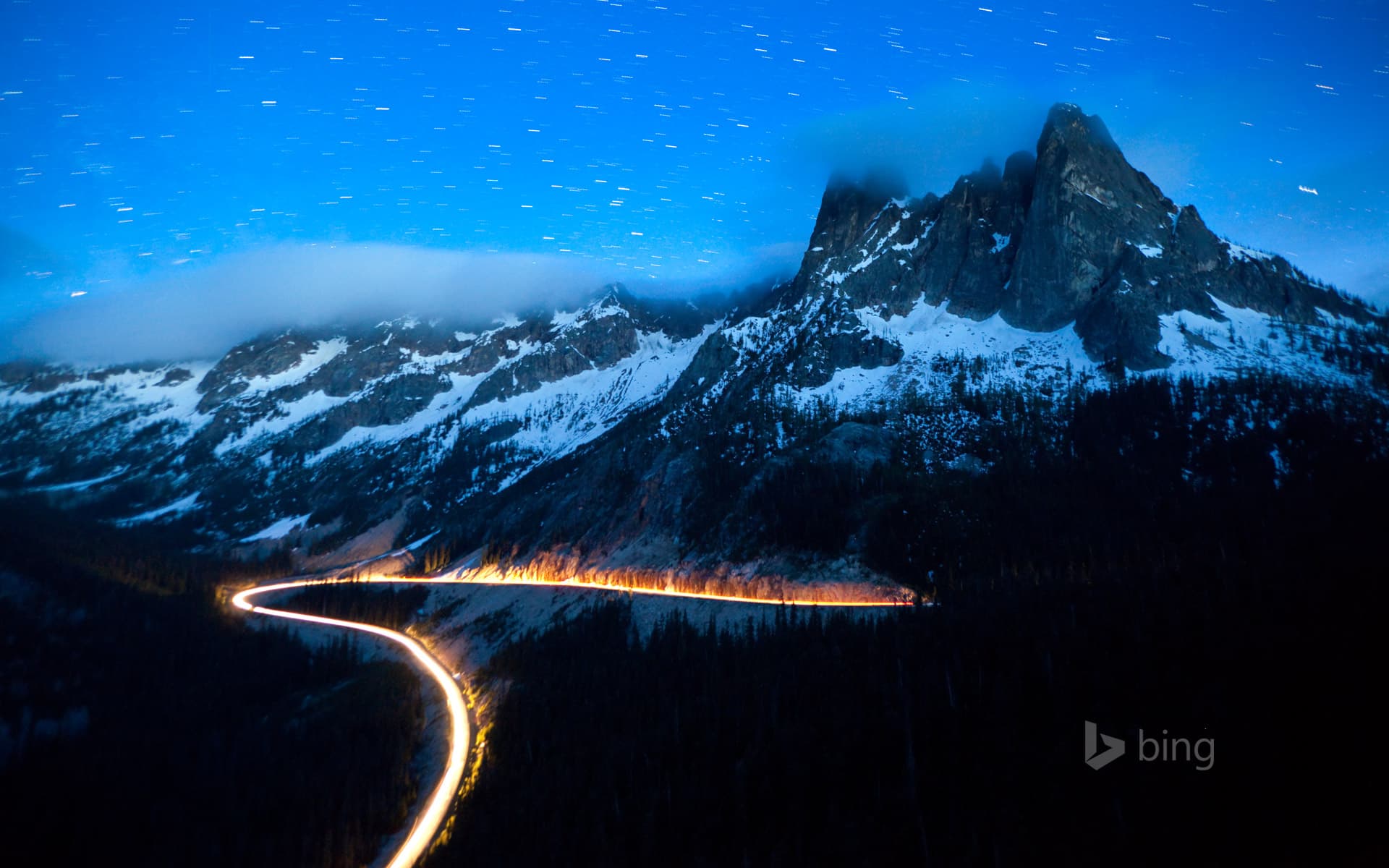 Bing Wallpaper: Headlights on State Route 20, the North Cascades Scenic Highway, Washington