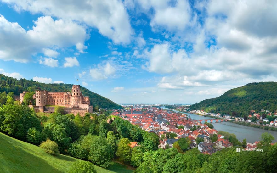 View of Heidelberg and Heidelberg Castle in spring, Baden-Württemberg