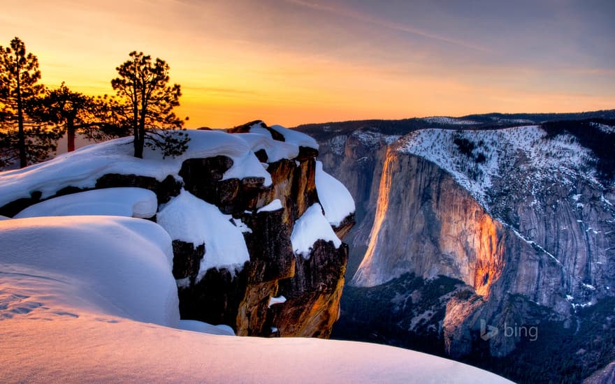 Horsetail Fall at sunset seen from Taft Point, Yosemite National Park, California