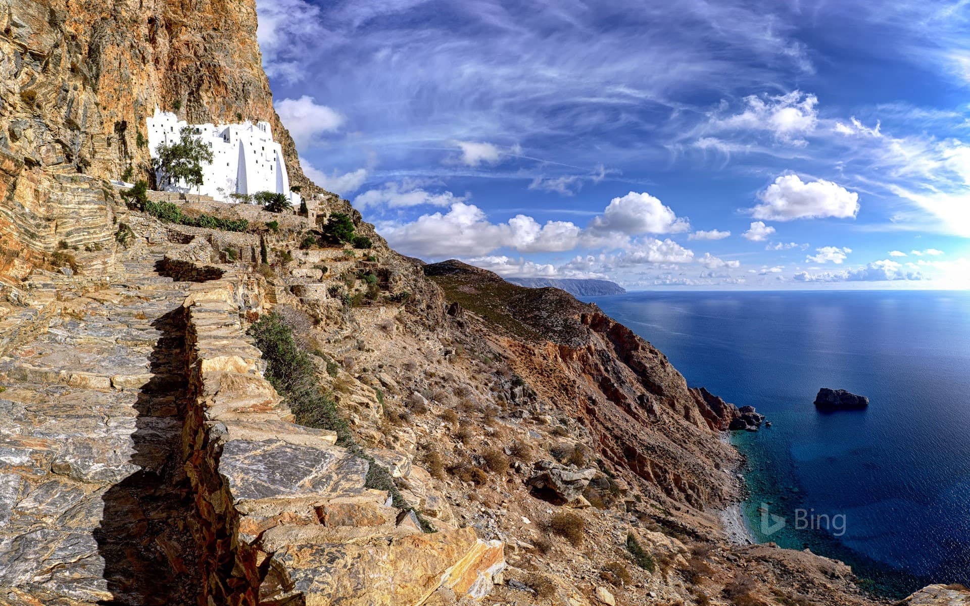 Bing Wallpaper: The monastery of Panagia Hozoviotissa on Amorgos island, Greece