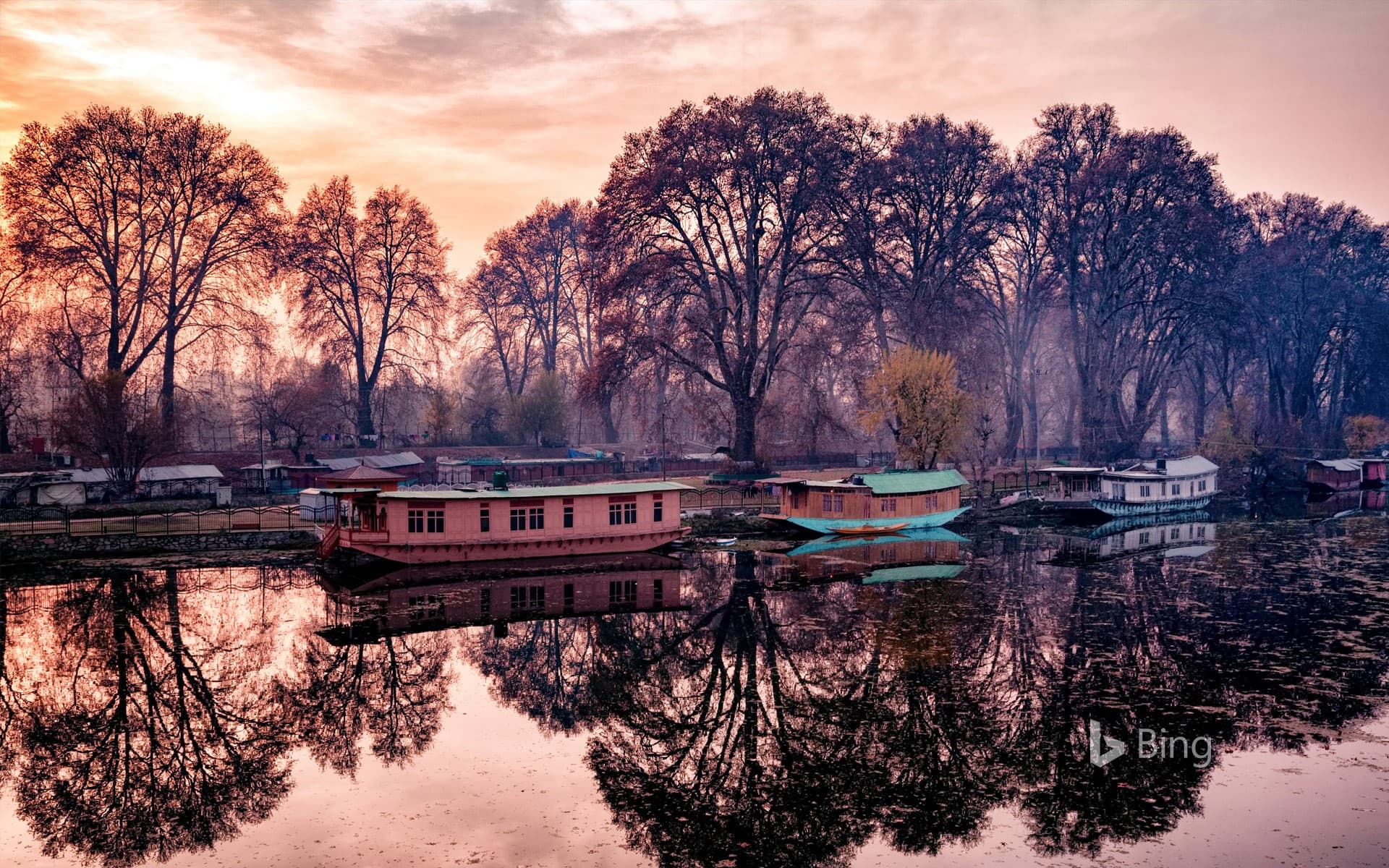 Bing Wallpaper: Houseboats on bank of the Jhelum River, India