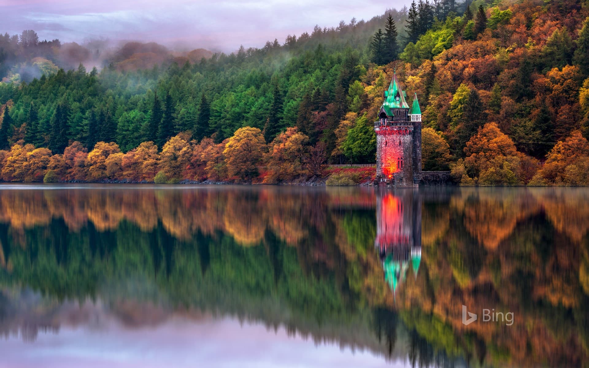 Bing Wallpaper: The straining tower at Lake Vyrnwy in Powys, Wales