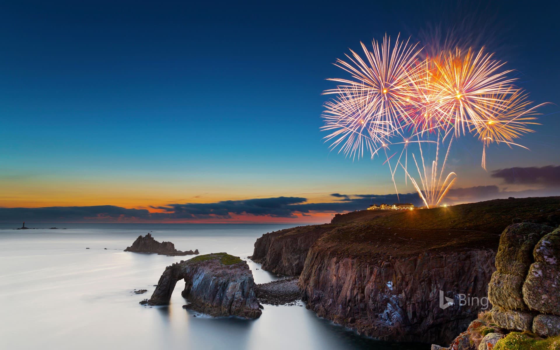 Bing Wallpaper: Fireworks at Land’s End, Cornwall