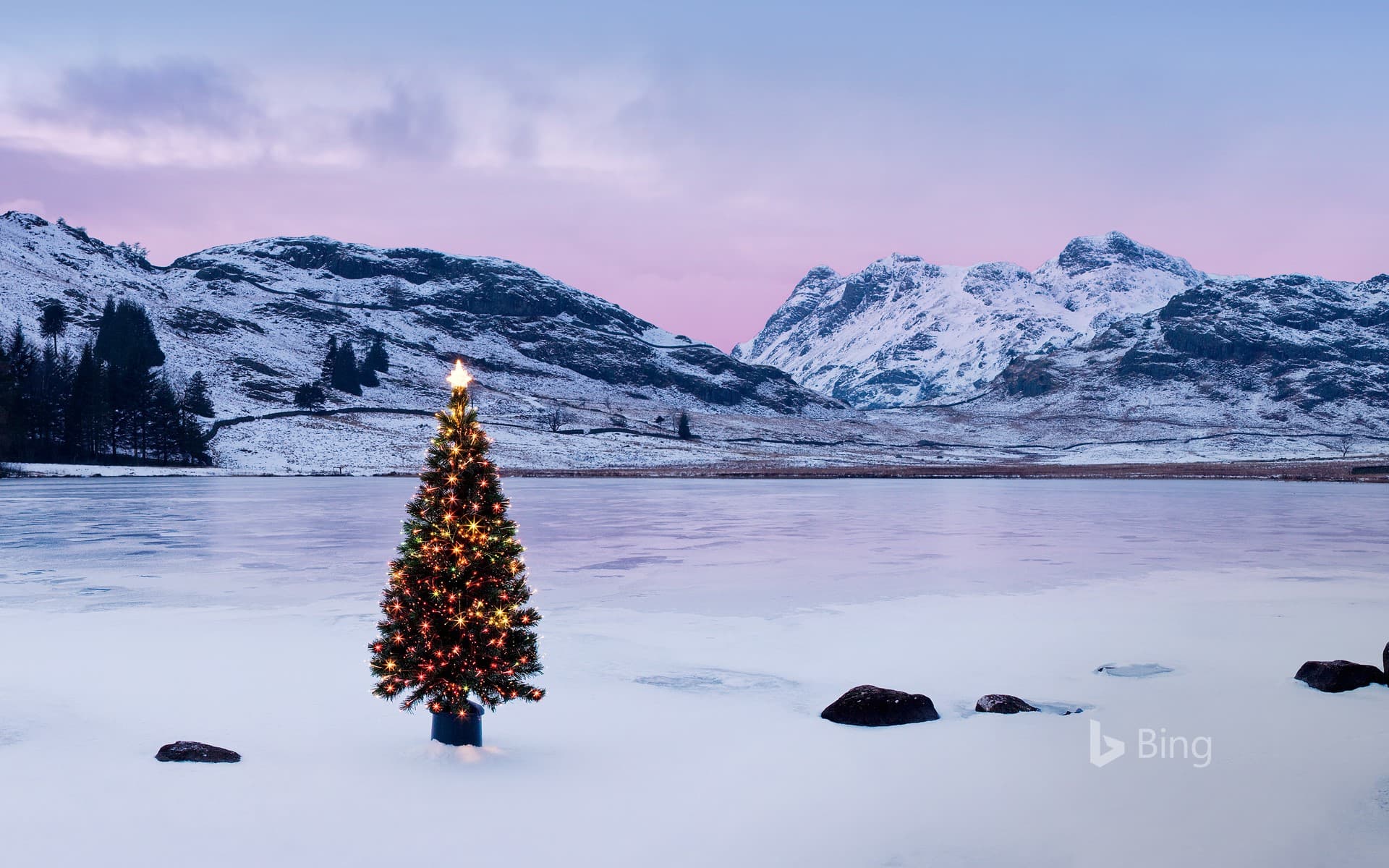 Bing Wallpaper: The Langdale Pikes with an illuminated Christmas tree, Lake District National Park