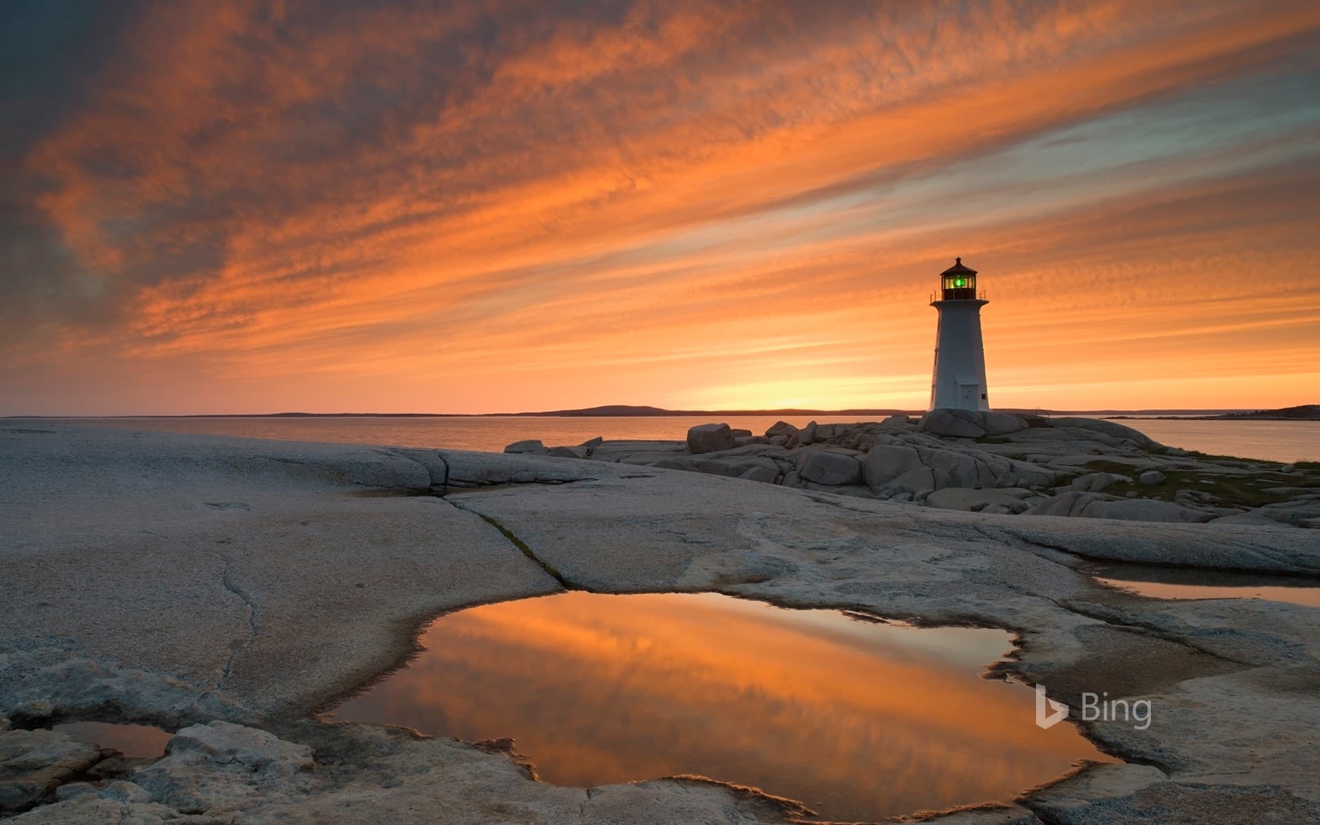 Bing Wallpaper: Peggy's Cove Lighthouse at dusk, Nova Scotia, Canada