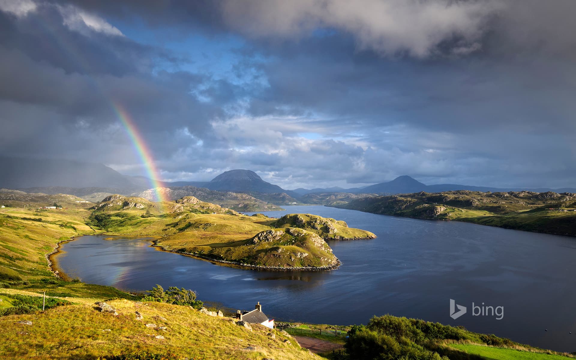 Bing Wallpaper: Rainbow at Loch Inchard in North West Highlands, Scotland