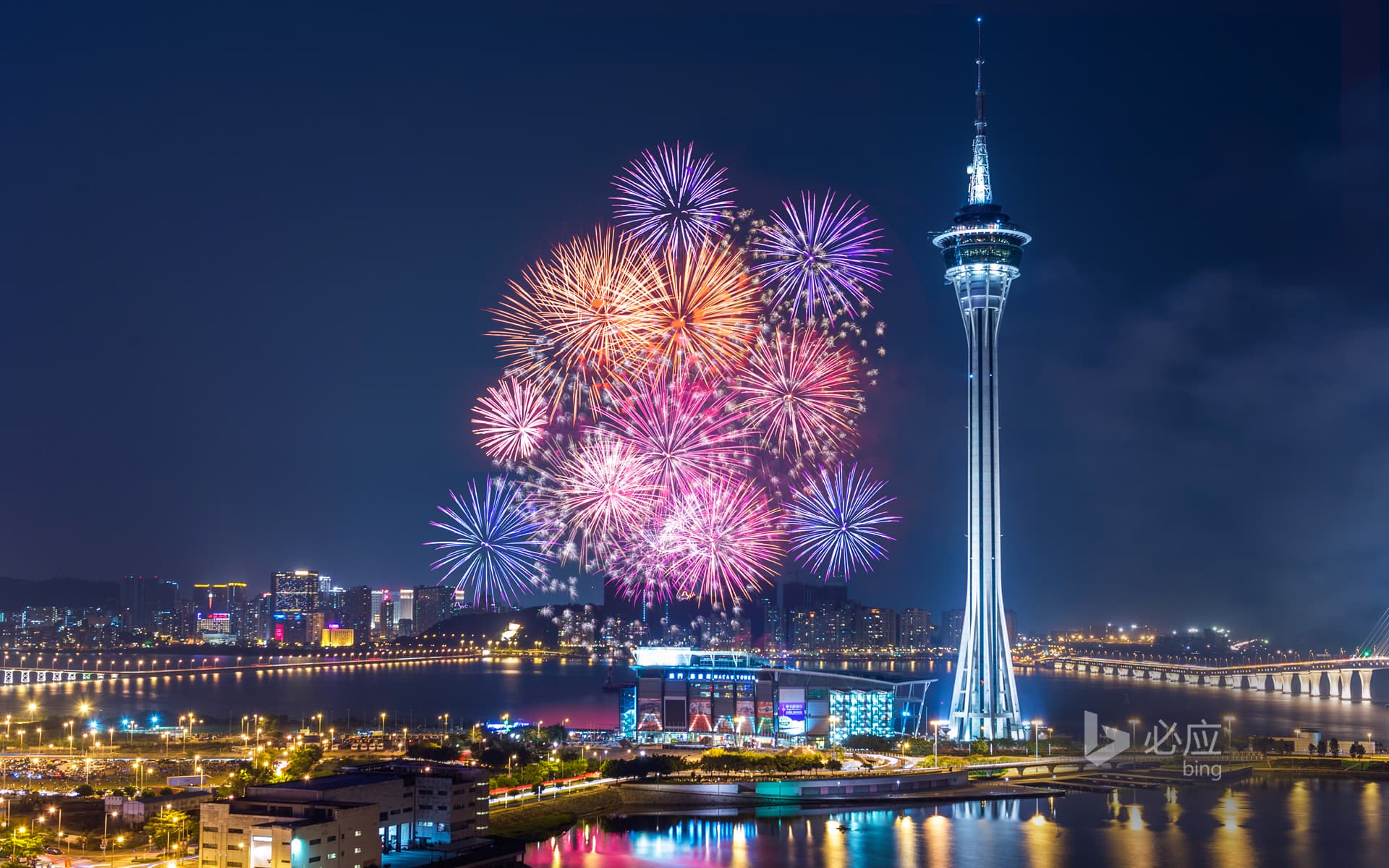 Bing Wallpaper: Gorgeous fireworks bloom over the bay of Macau