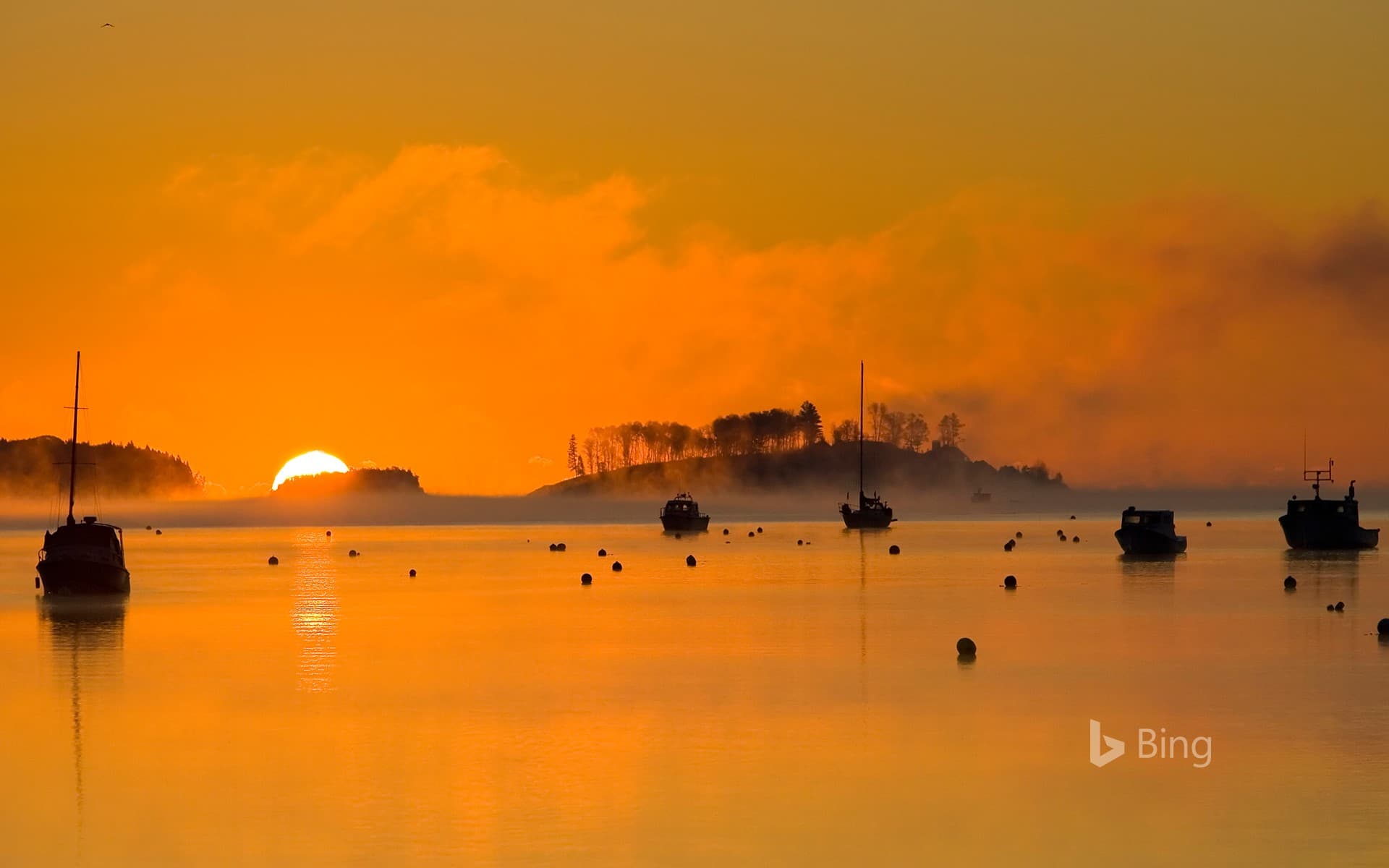 Bing Wallpaper: Silhouettes of fishing boats in Mahone Bay, Nova Scotia, Canada
