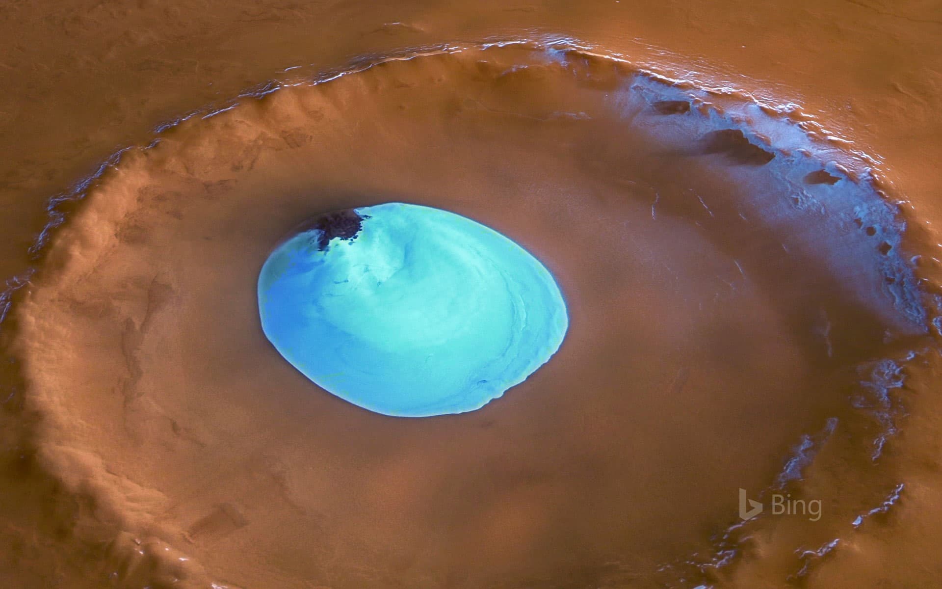 Bing Wallpaper: Ice in a crater of the Vastitas Borealis region of Mars