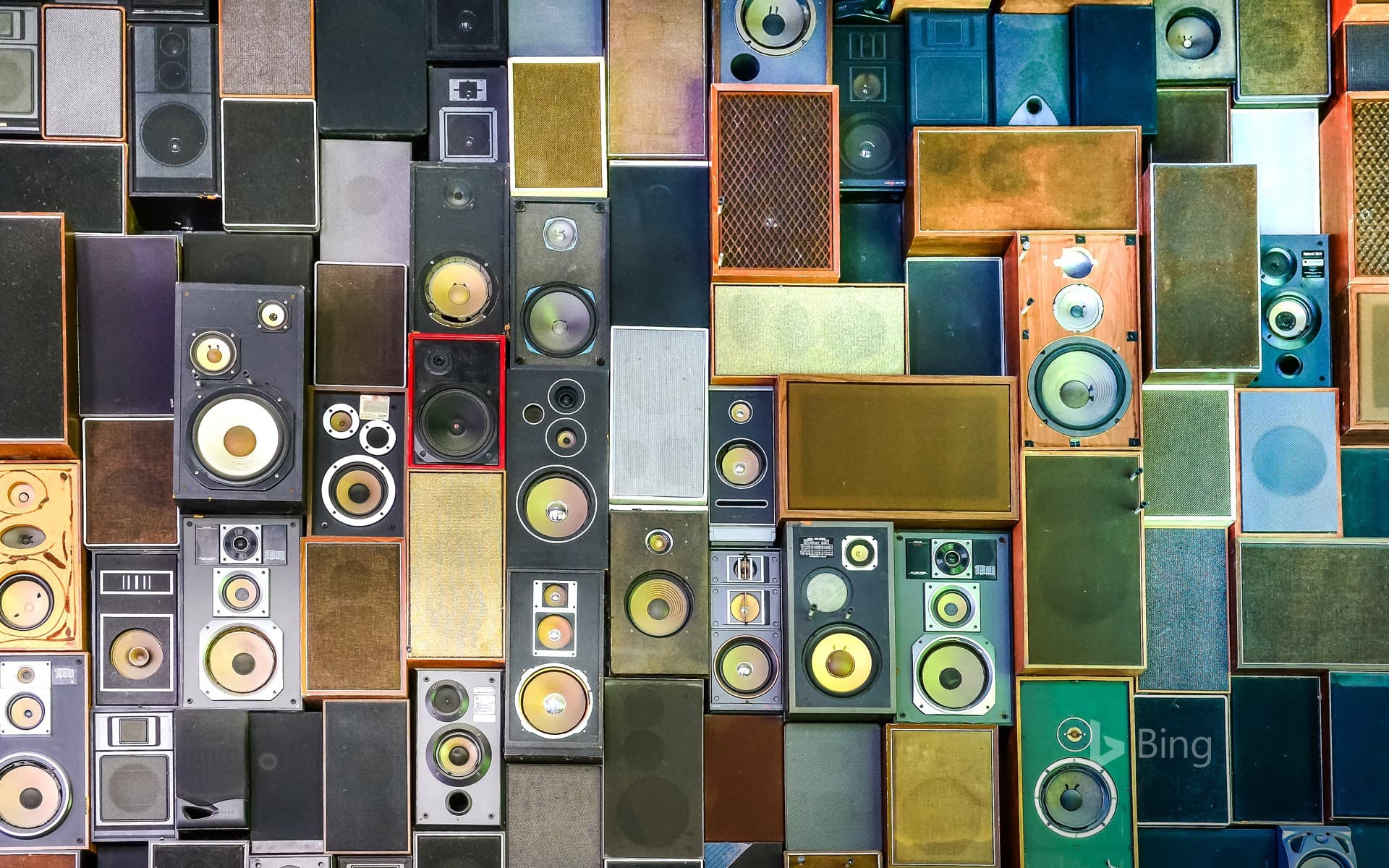 Bing Wallpaper: Retro music speakers hanging on a wall
