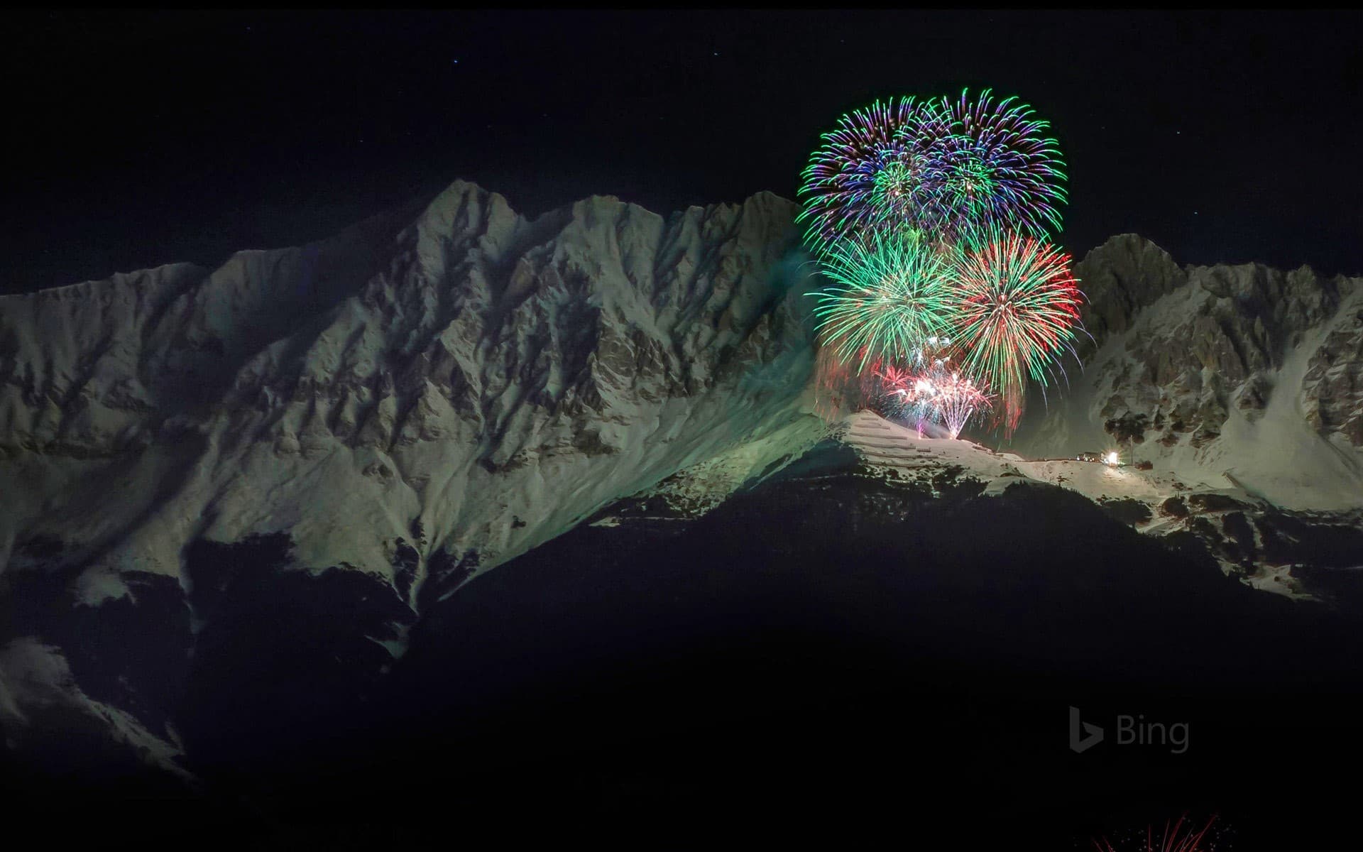 Bing Wallpaper: New Year’s Eve fireworks in the Nordkette mountain range, Austria