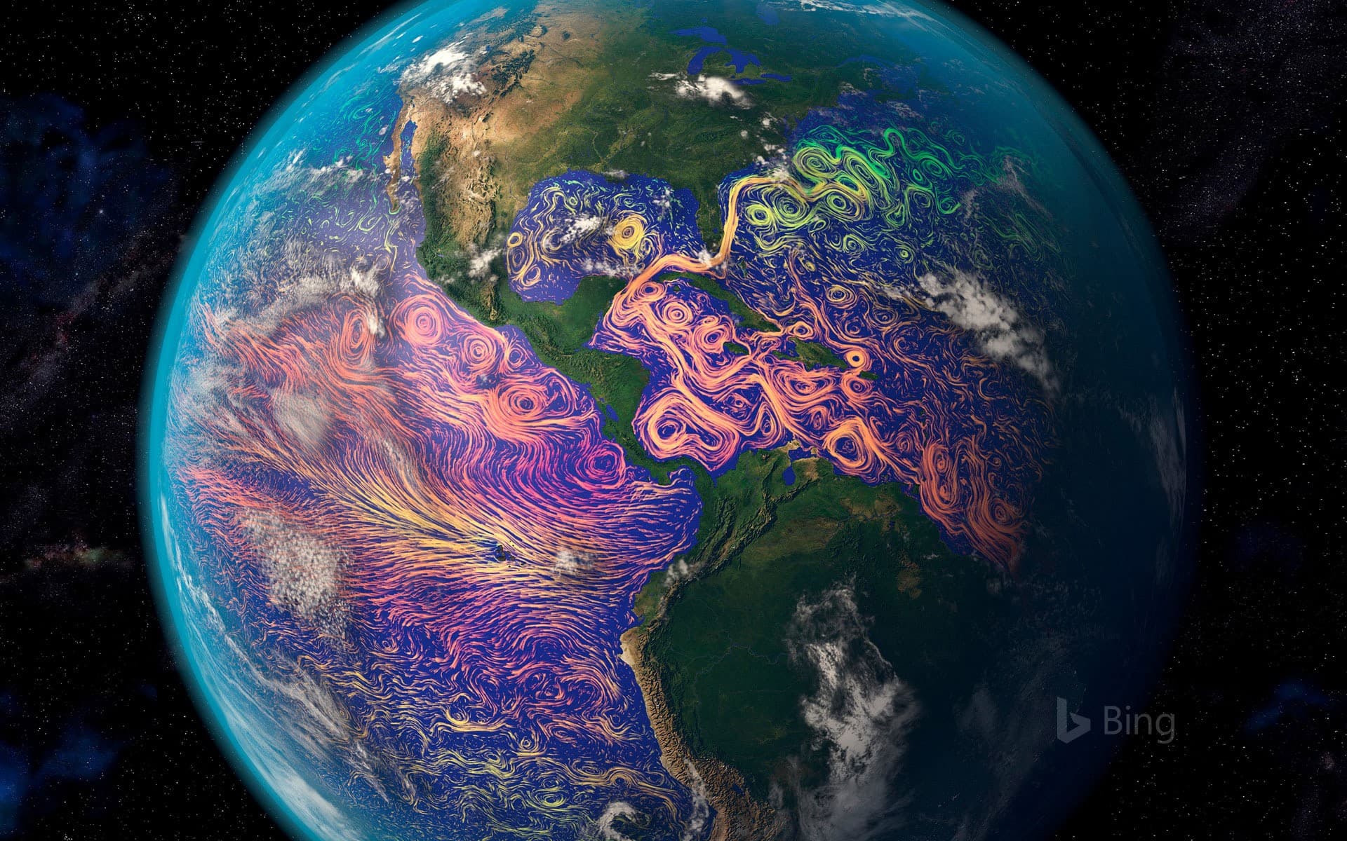 Bing Wallpaper: Satellite-based graphic showing ocean currents off the Americas